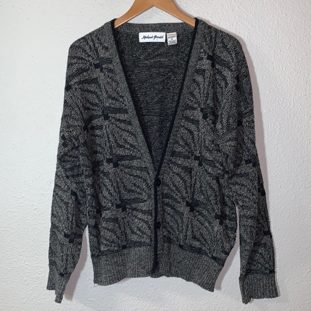 VINTAGE Michael Gerard drop sleeve chunky grey cardigan sweater Sz L grandpa